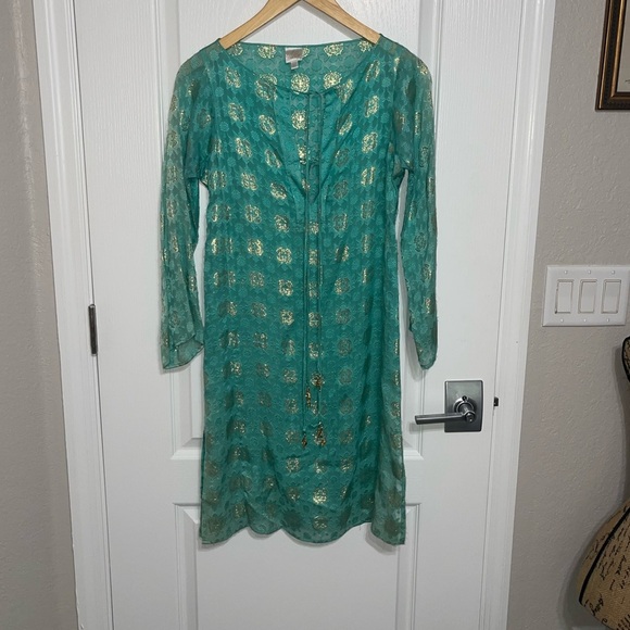 MILLY CABANA Scroll Burnout Cover-Up Mini Dress {$325} Turquoise Green Gold Sm - Picture 2 of 9